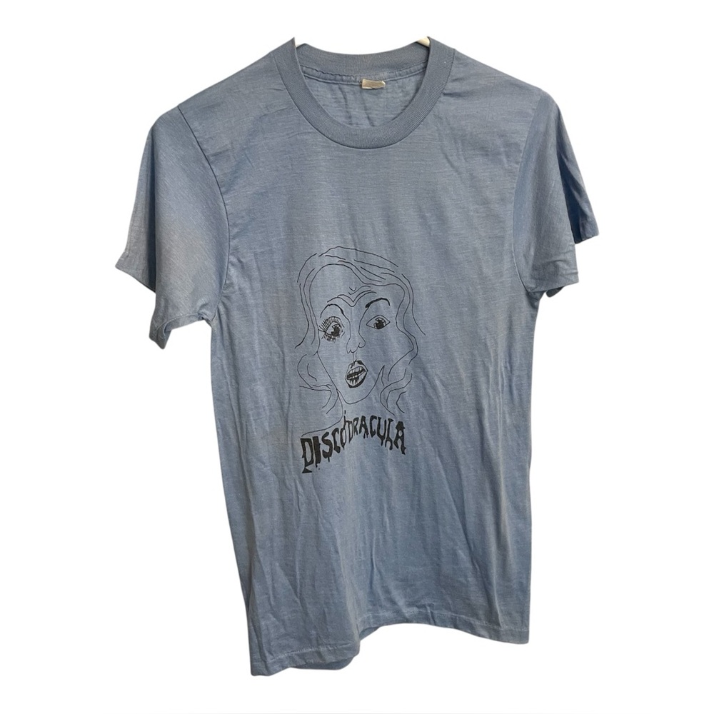 RARE VINTAGE 1970s Disco Dracula T Shirt Medium Baby Blue